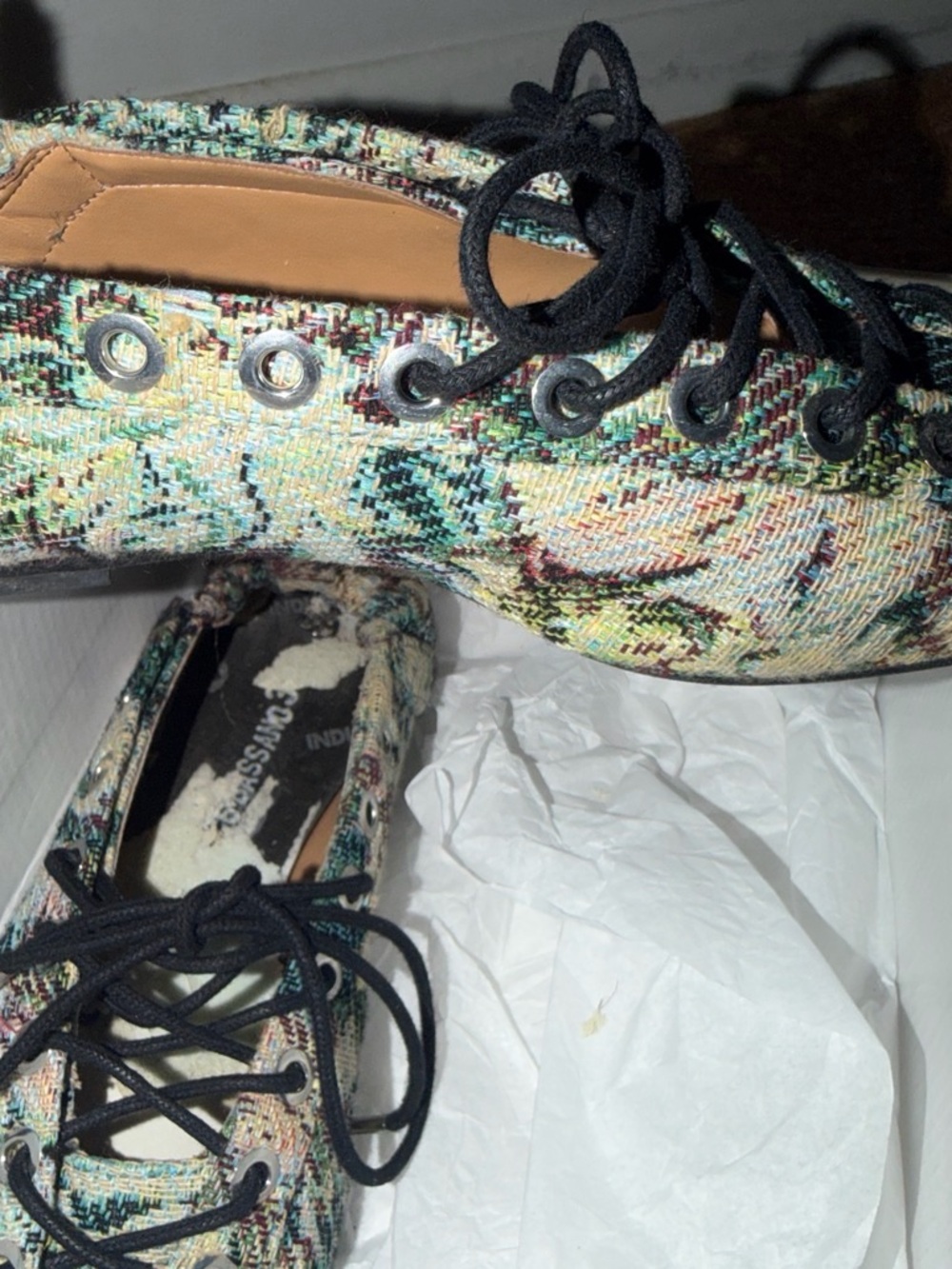 Ganni Multicolor Tweed Lace-Up Flats with Black Laces